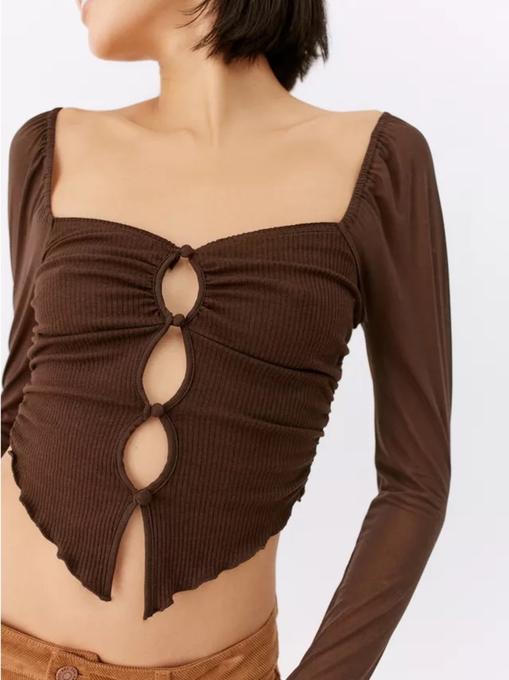 Urban Outfitters Brown Ribbed Cutout Long-Sleeve Crop Top